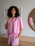 Women Summer Pajama Set Pink Stripes Buttoned Shirt + Shorts